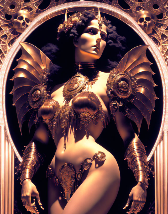 Intricate fantasy artwork with winged armor and golden details