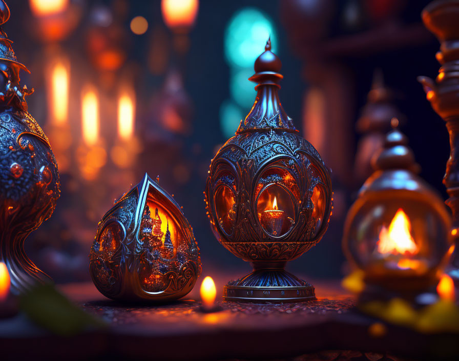 Intricate Metal Lanterns Illuminated in Blurred Lights