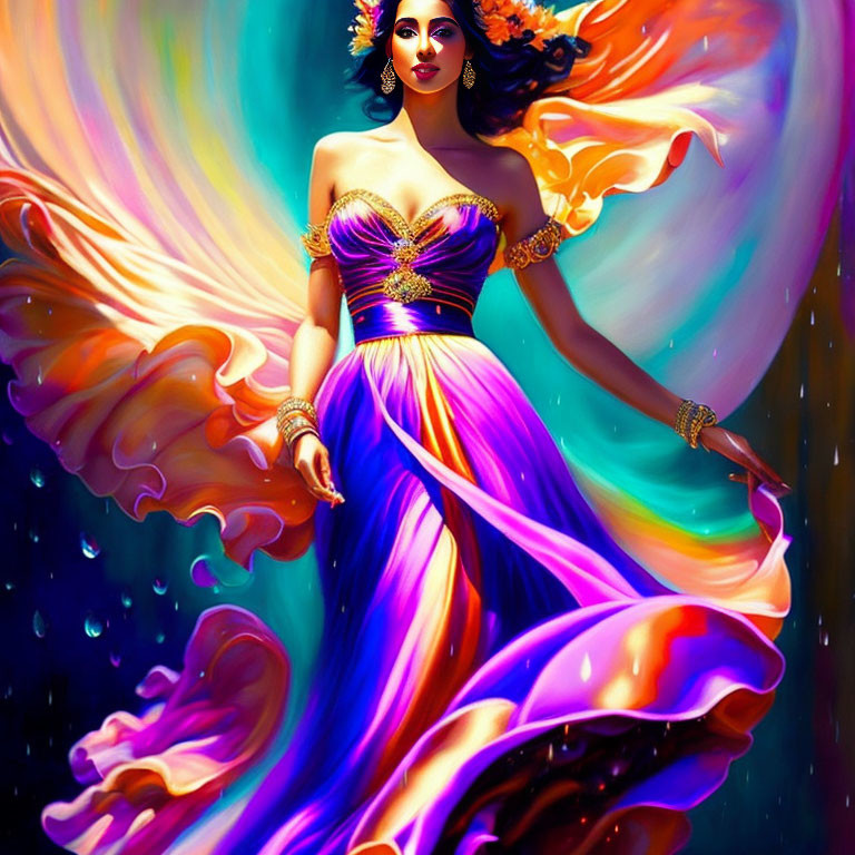 Colorful digital artwork of a woman in flowing dress with purple, orange, and blue gradient, set