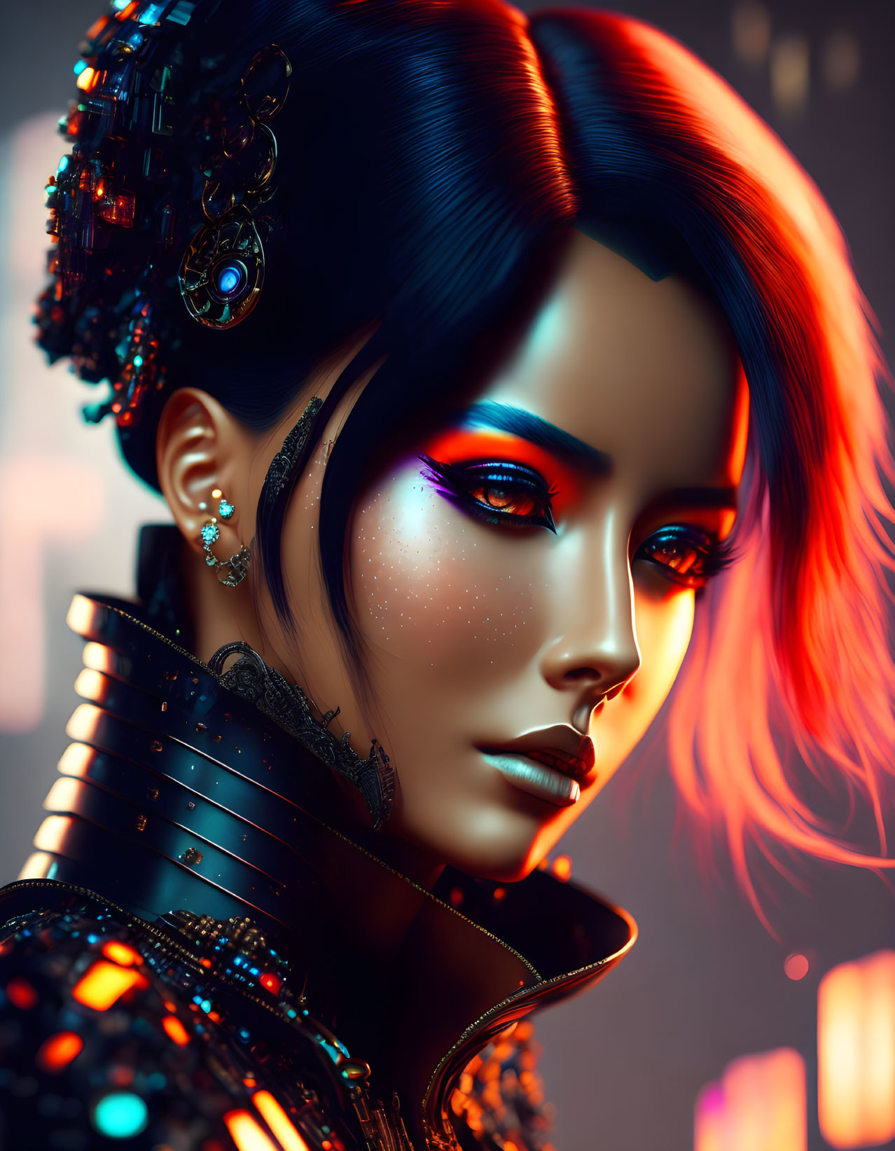 Futuristic digital art portrait of woman with neon lights