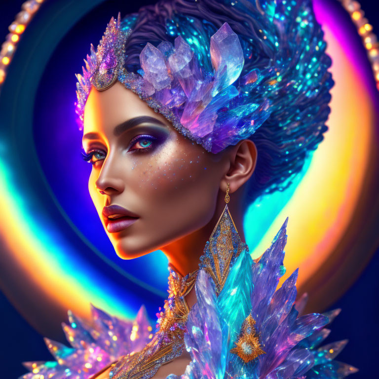 Colorful portrait of woman with crystal crown and neon backdrop