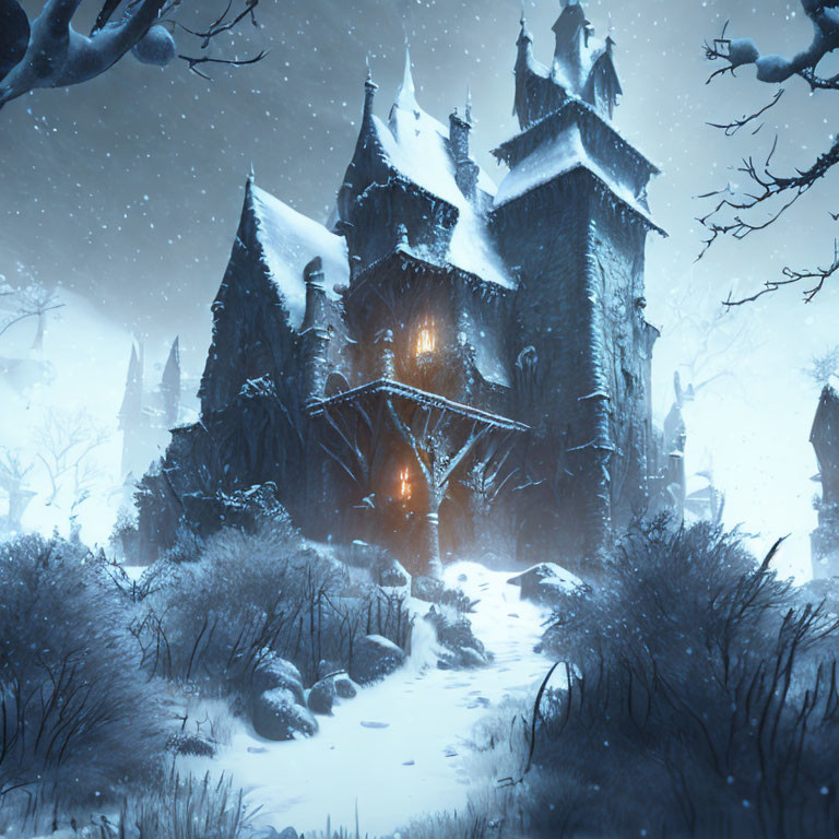 Gothic-style house in snowy landscape with falling snowflakes