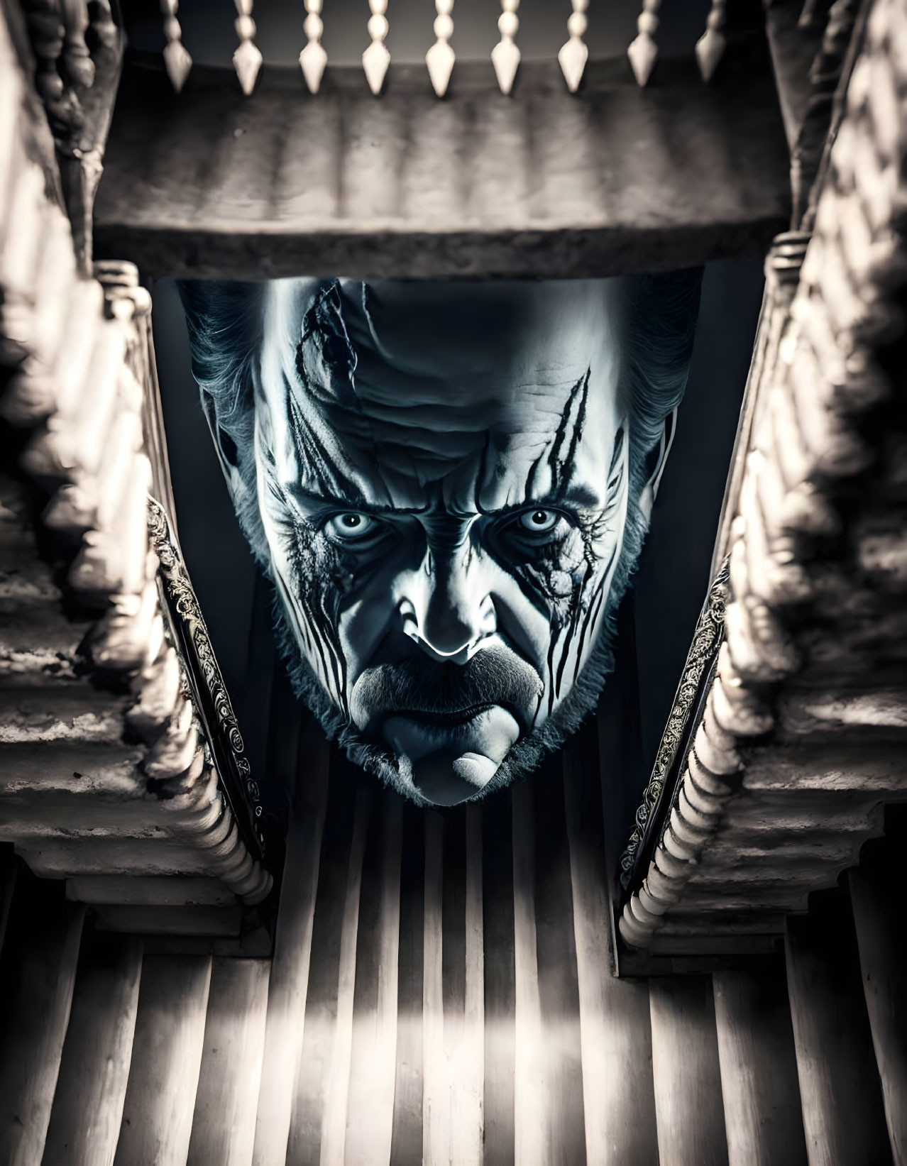 Intense male face in dramatic lighting framed by stairwell symmetry