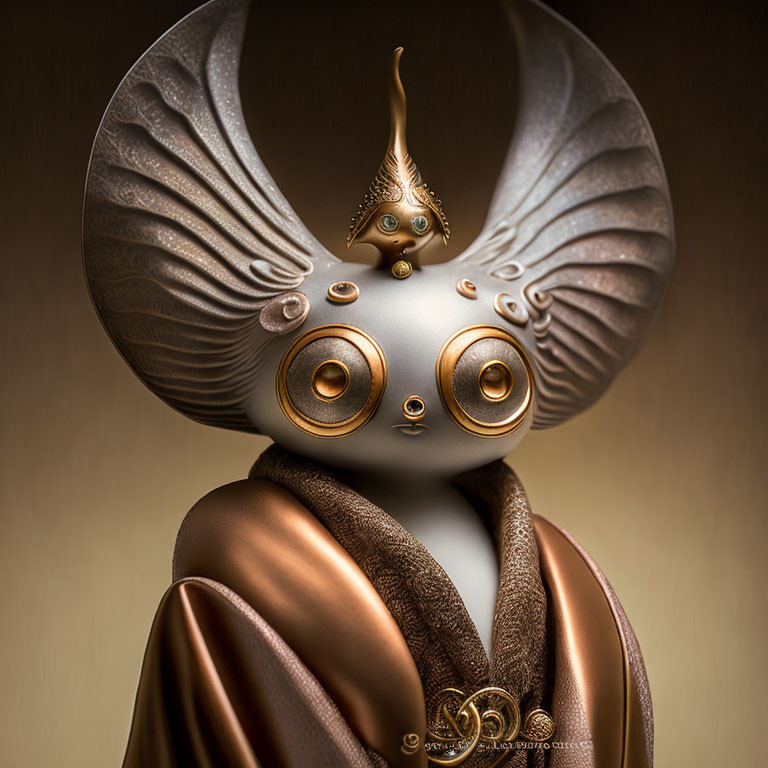 Surreal digital artwork: humanoid figure with oversized eyes and ornate headdress