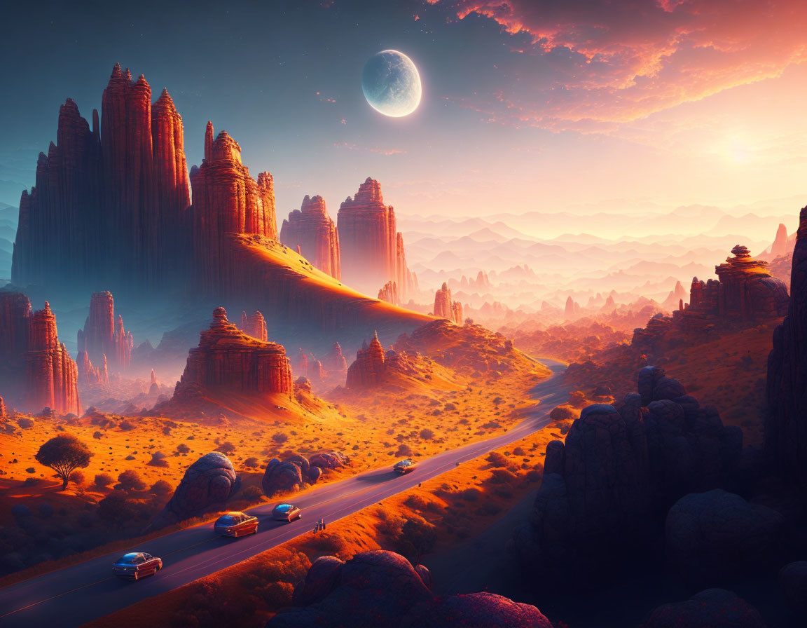 Dramatic sunset landscape with rock formations, road, cars, and large moon