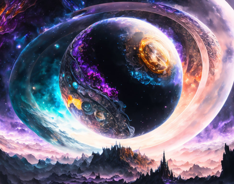 Colorful fantasy cosmos with galaxies, planet, and nebulae over rocky landscape