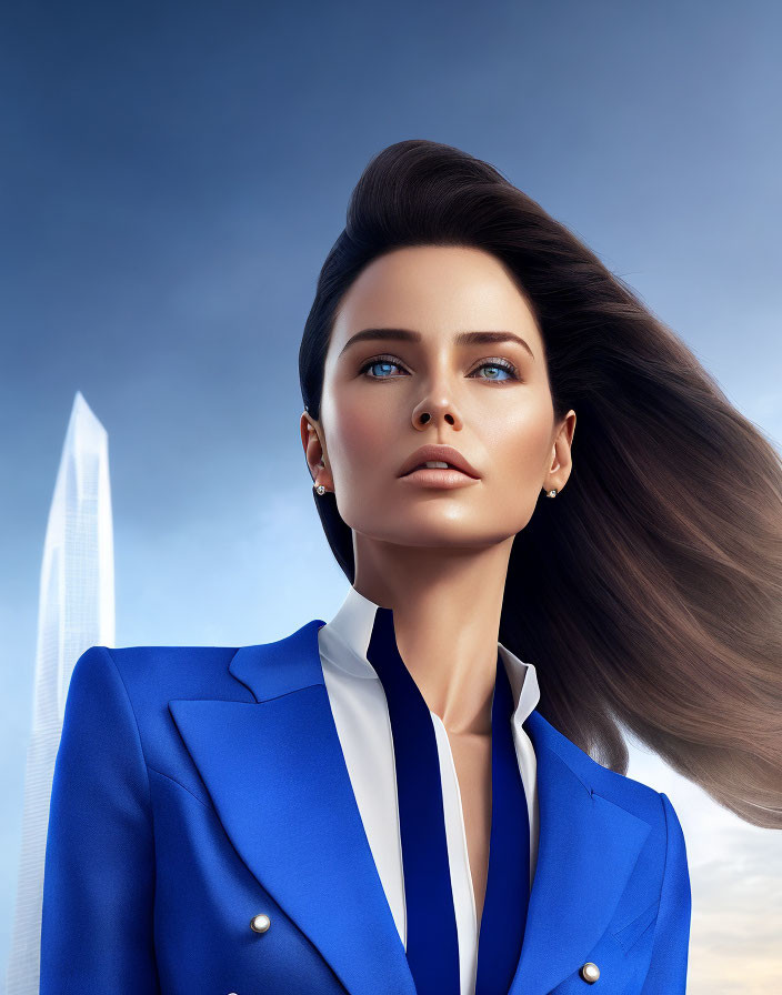 Woman with long brown hair in blue blazer gazes up against city backdrop