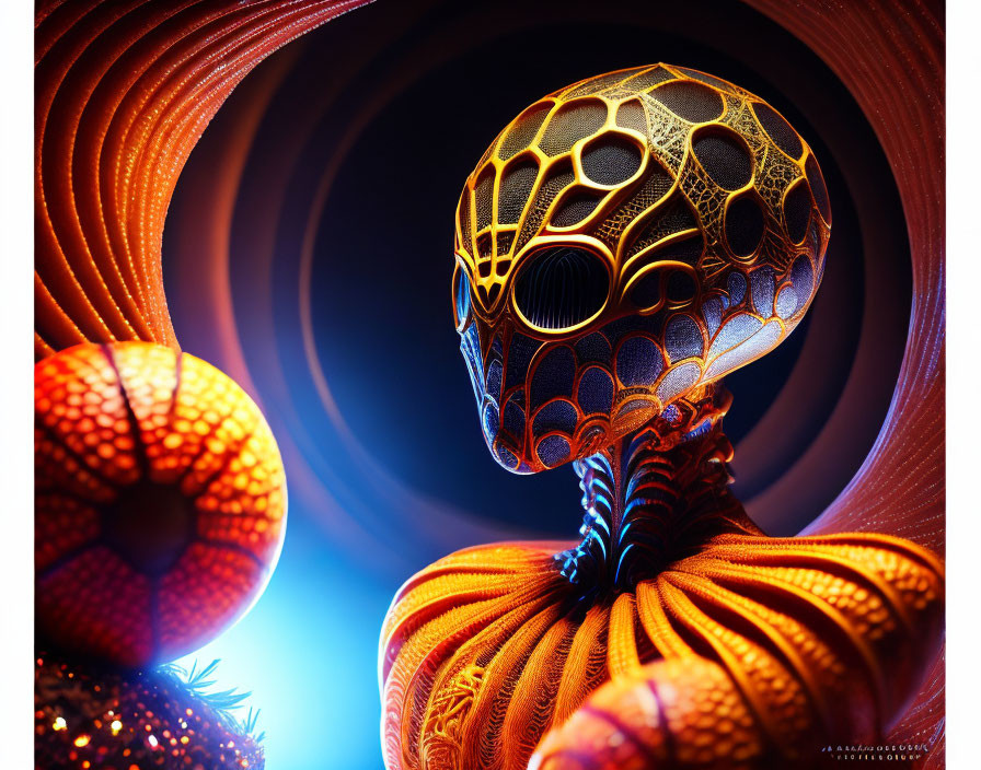 Alien with textured ornate head in colorful cosmic background