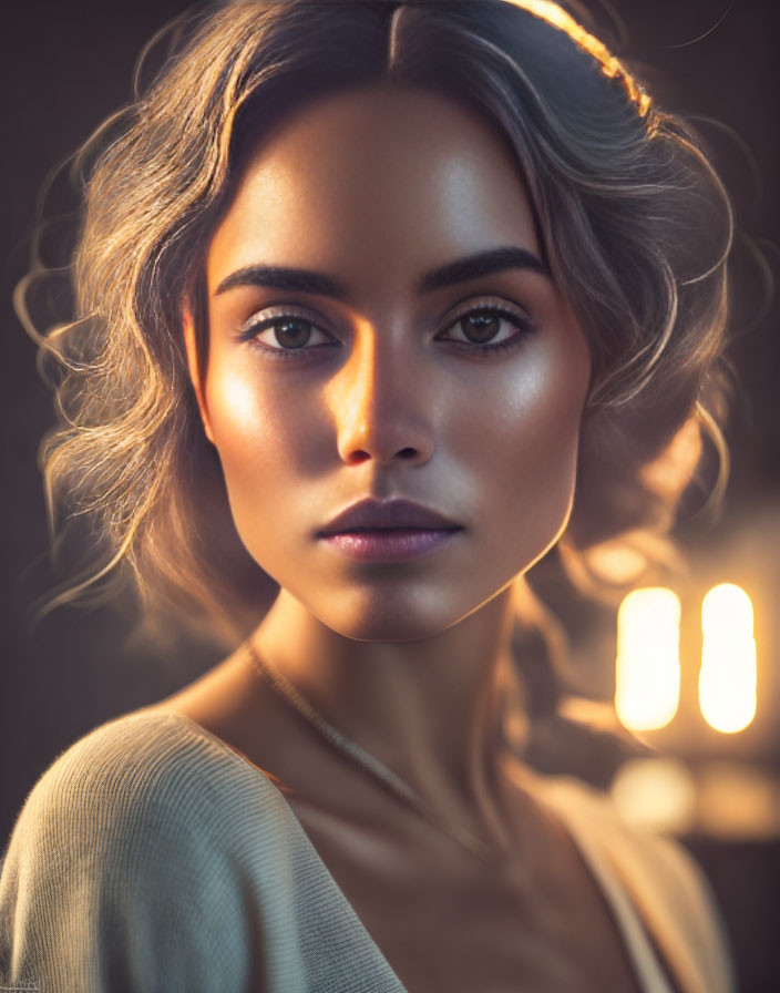 Portrait of a woman with striking eyes and wavy hair in warm light