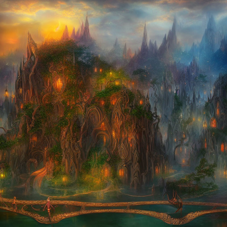 Majestic fantasy landscape with glowing trees, mountains, river, and figures at twilight