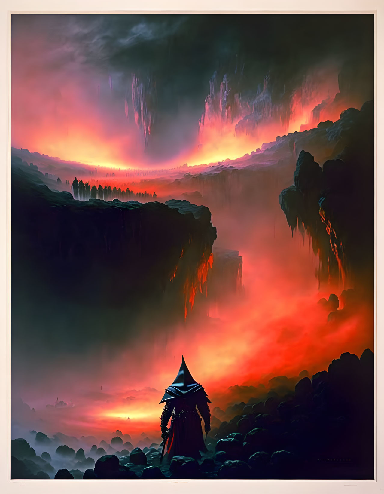 Mysterious cloaked figure in surreal fiery landscape