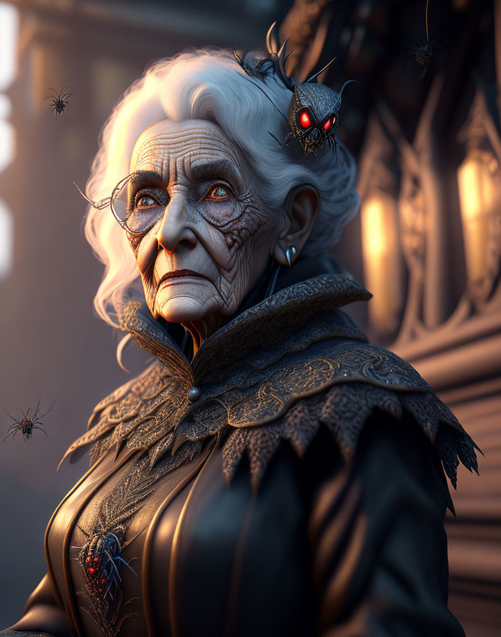 Elderly woman with white hair in dark attire surrounded by spiders