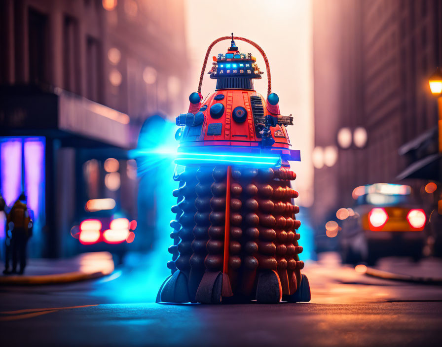 Sci-fi Dalek robot on city street at dusk with vibrant lighting.