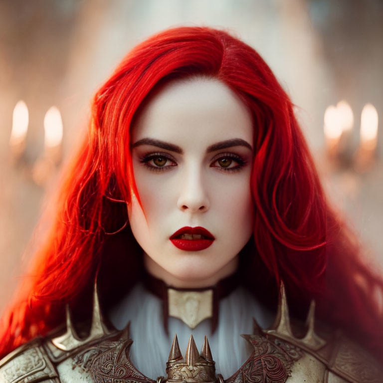 Vibrant red-haired woman in ornate armor with green eyes and red lipstick, surrounded by candles