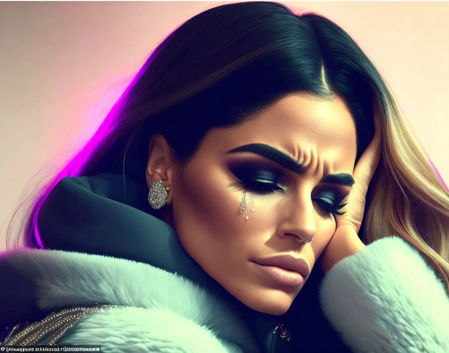 Woman with dramatic makeup and teardrop, fur coat, pink background