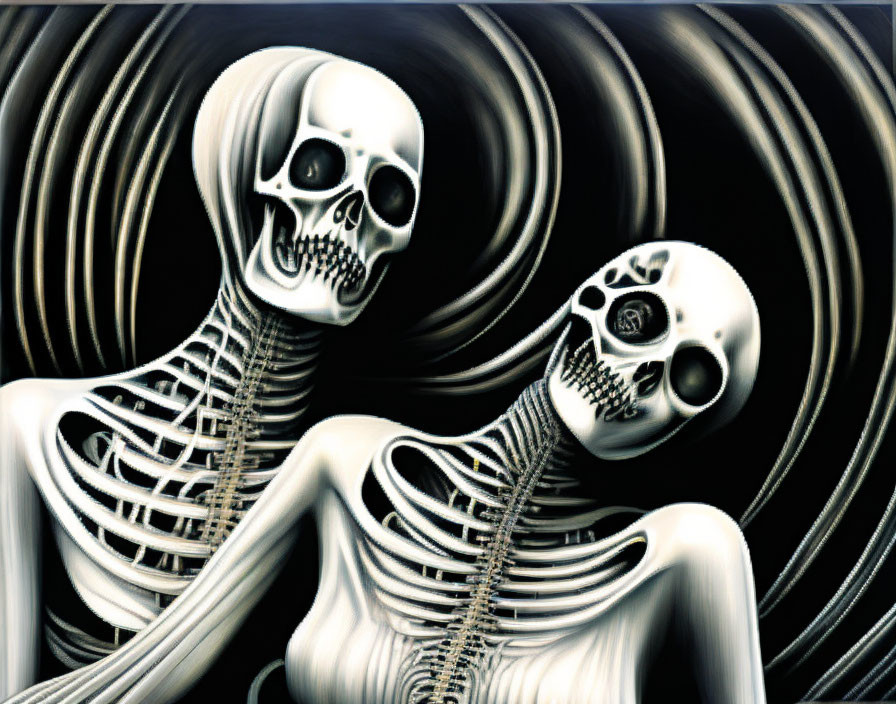 Stylized skeletal figures on black and white swirl background