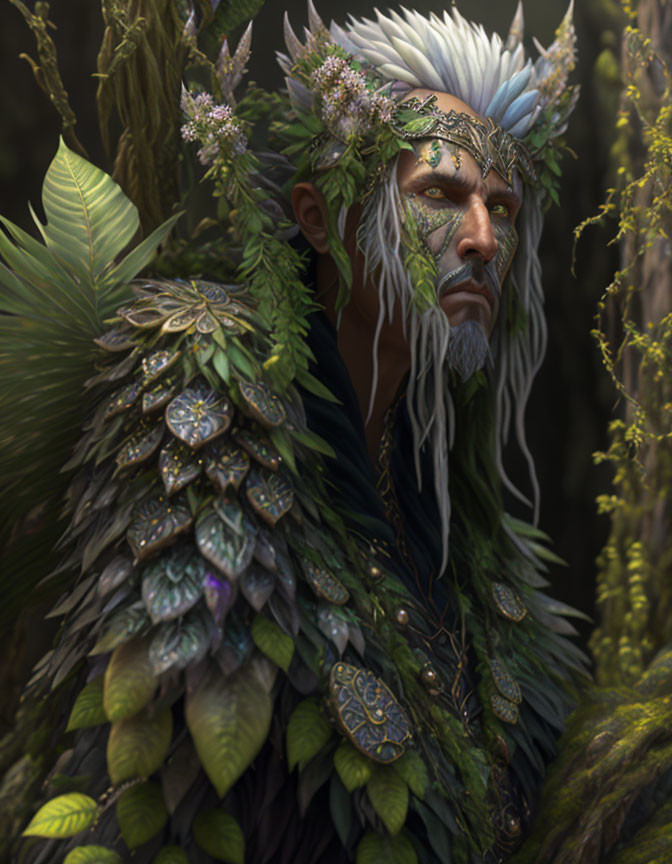 Majestic figure with leafy antlers and ornate feather cloak in lush forest