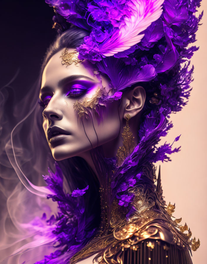 Portrait of woman with purple and gold floral headpiece and makeup