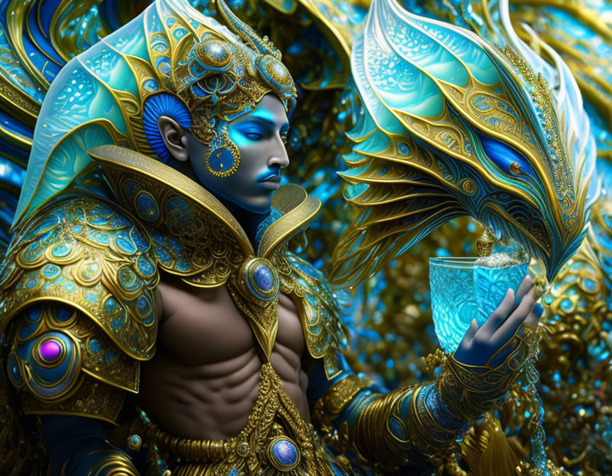 Detailed Artwork: Blue-Skinned Figure in Golden Armor with Elaborate Headdress Holding Cr