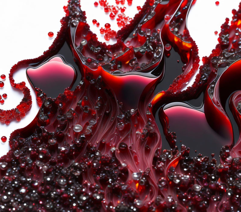 Abstract red liquid with swirling patterns and glossy beads.