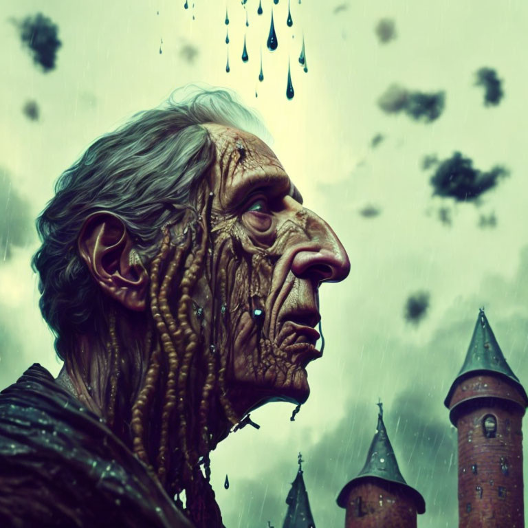 Elderly man portrait with exaggerated features in surreal rainy sky.