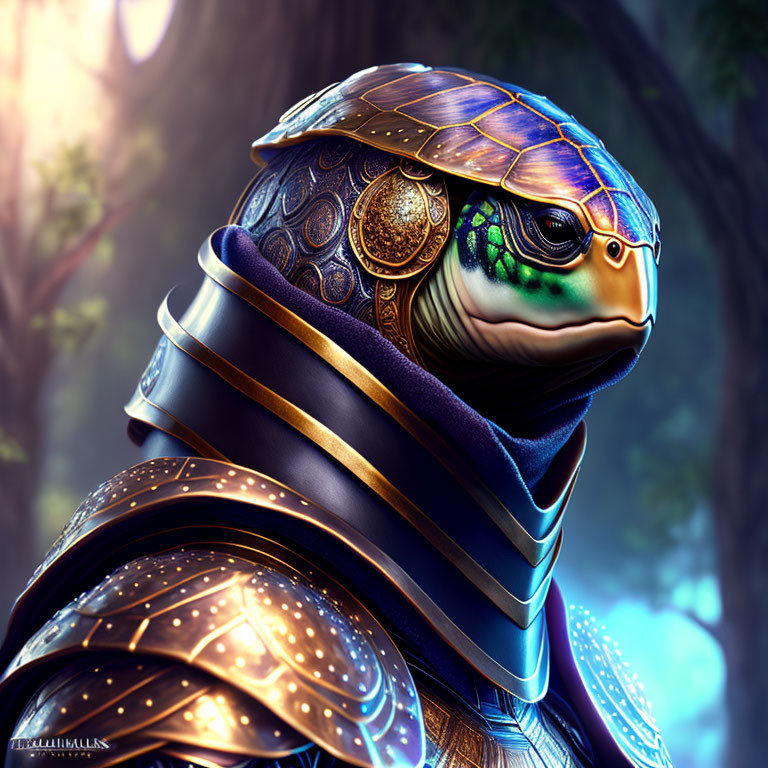 Digital artwork: Turtle in golden armor in mystical forest