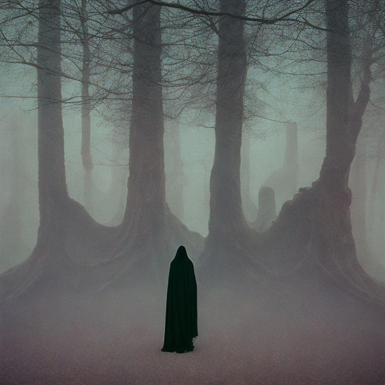 Mysterious figure in green cloak among foggy, gnarled trees