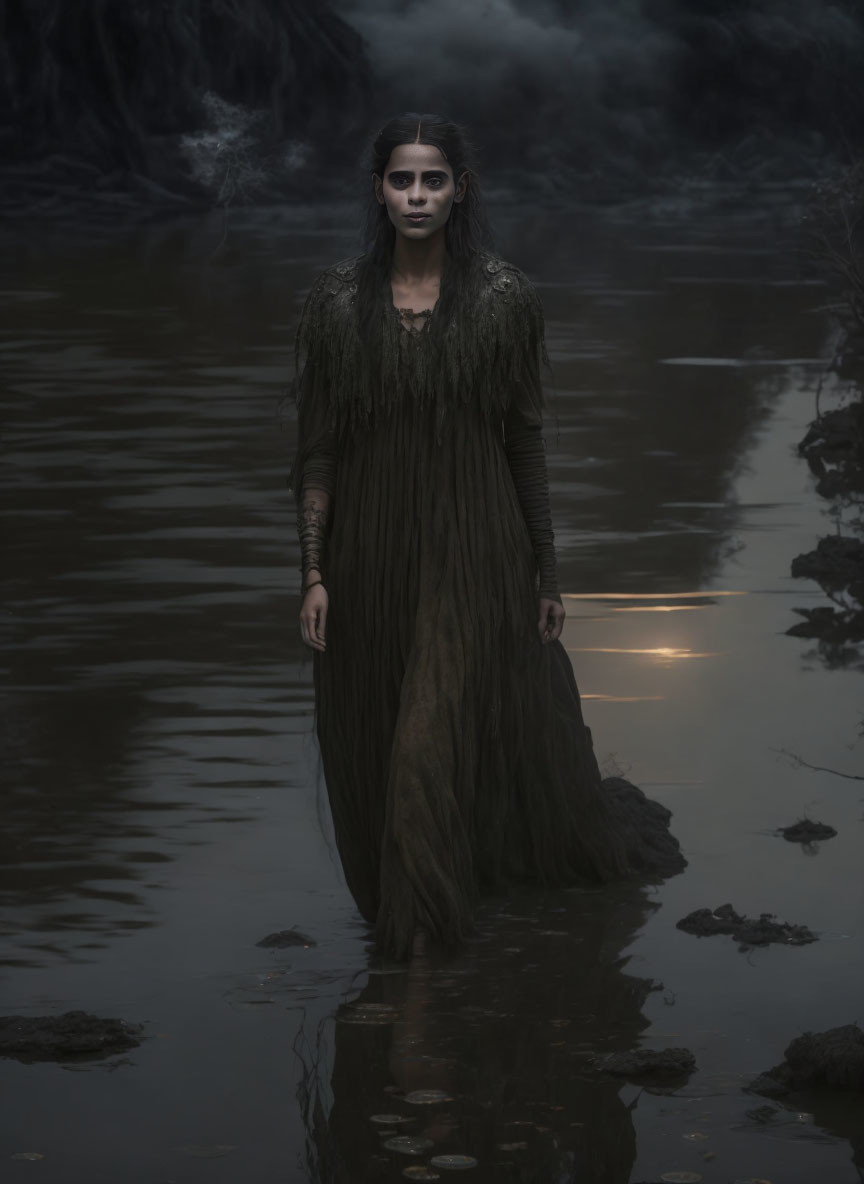 Mysterious woman in ragged dress standing in shallow water