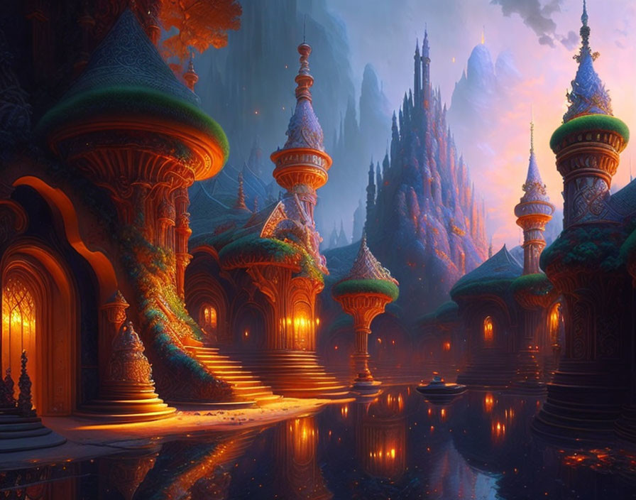 Mystical fantasy landscape with glowing buildings and spires in serene water