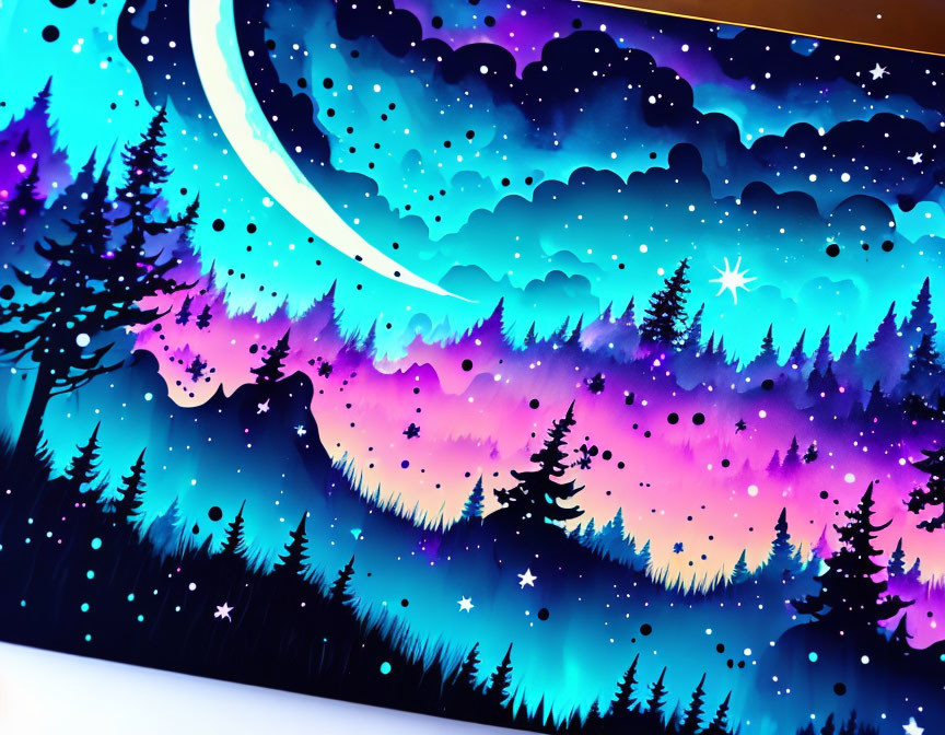 Night Sky Artwork with Crescent Moon and Silhouetted Pine Trees