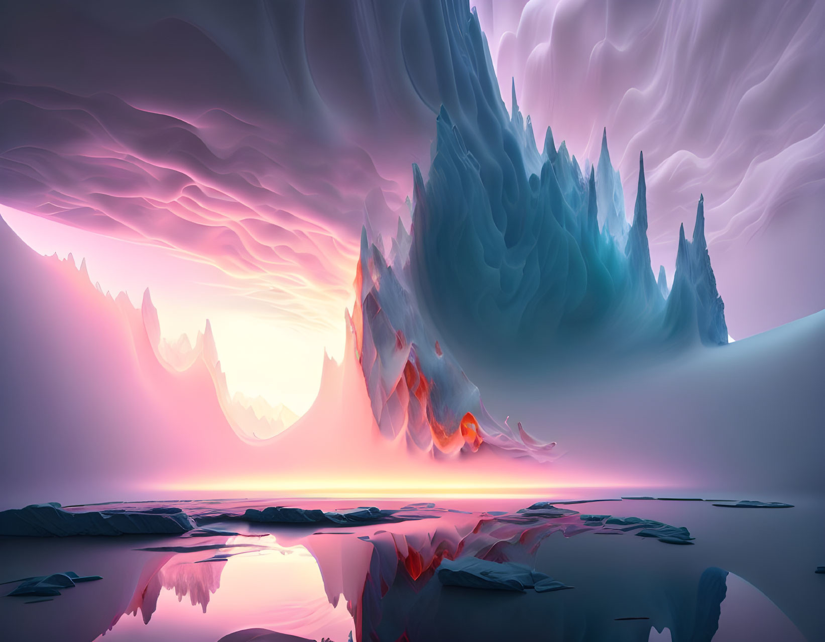 Vibrant pink and purple surreal landscape with ice-like formations reflected in water