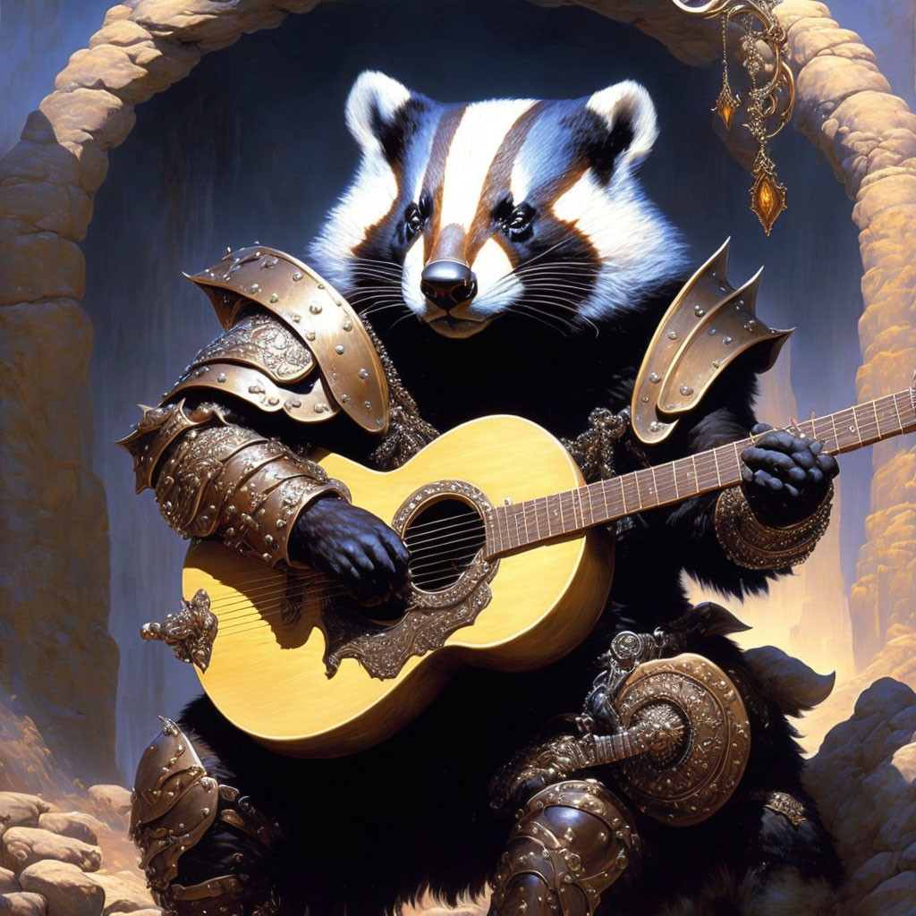 Armored badger playing guitar in fantasy setting