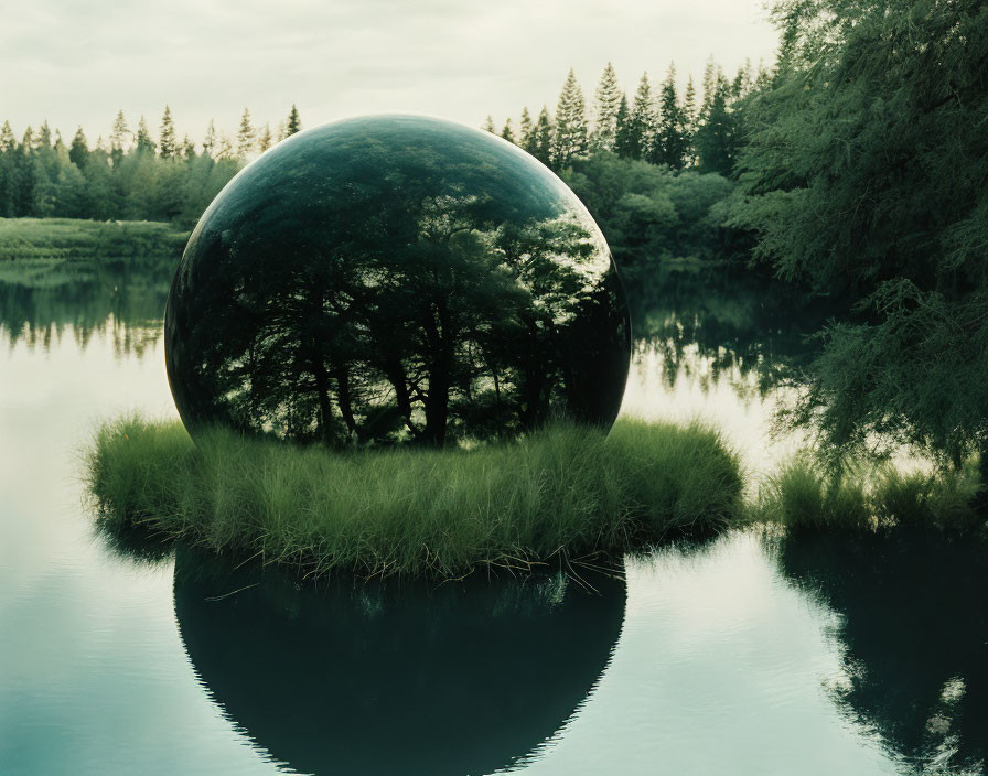 Spherical reflective sculpture on grassy knoll near serene waters and evergreen trees