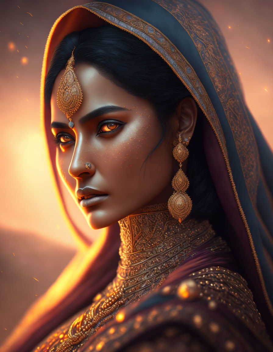 Traditional South Asian Attire Portrait with Golden Backdrop