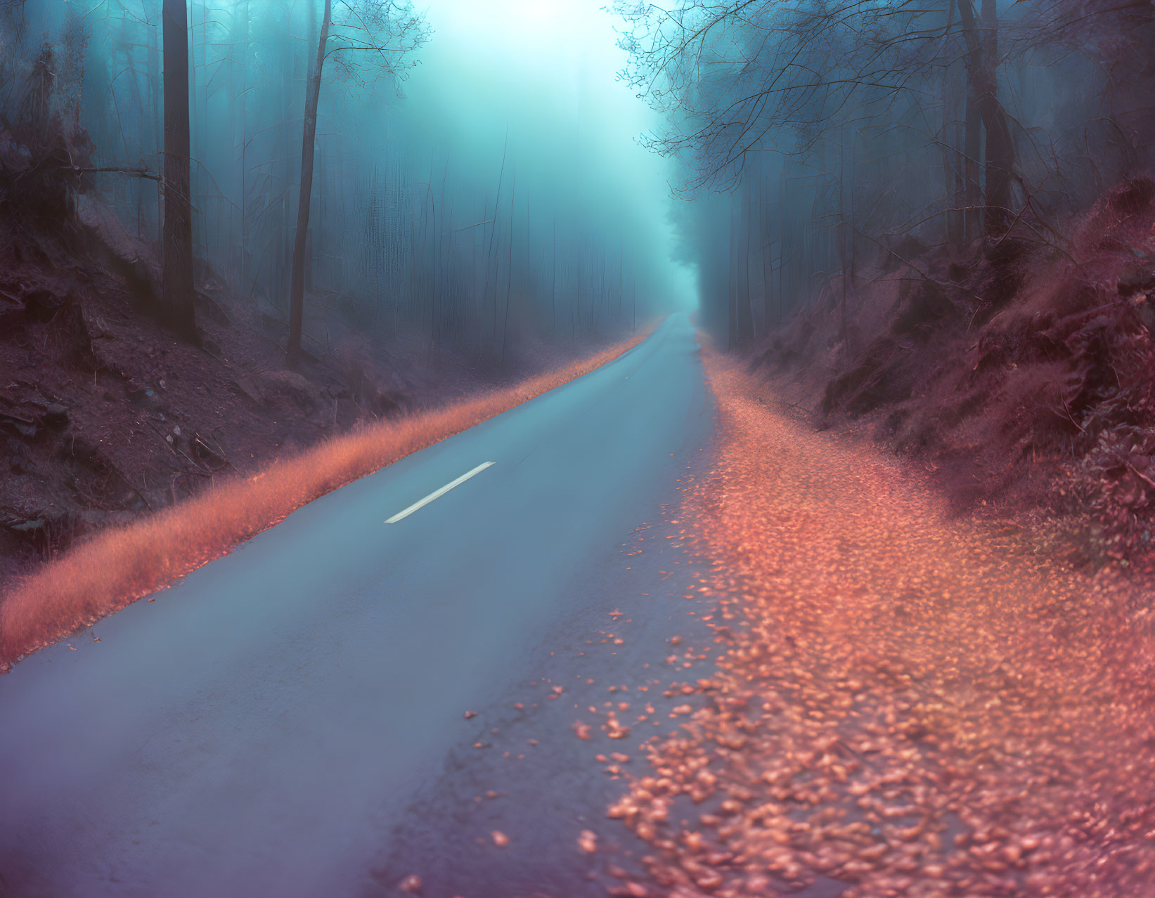 Misty forest road with autumn leaves under surreal sky