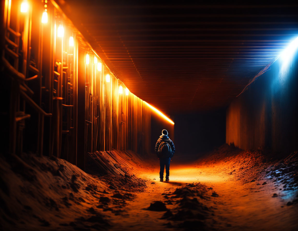 Person in Dark Tunnel with Orange Illumination and Mysterious Light Ahead