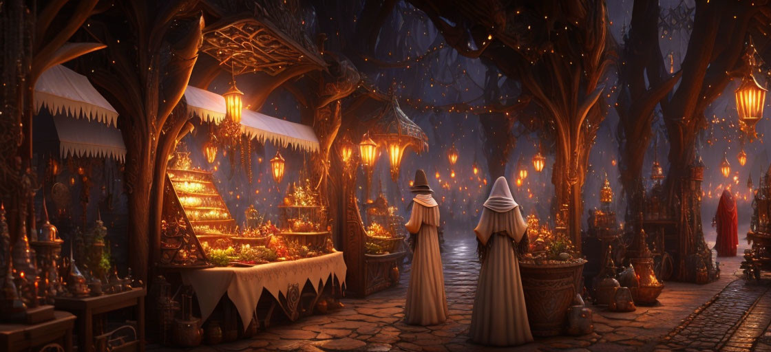 Fantasy marketplace at twilight with glowing lanterns and cloaked figures