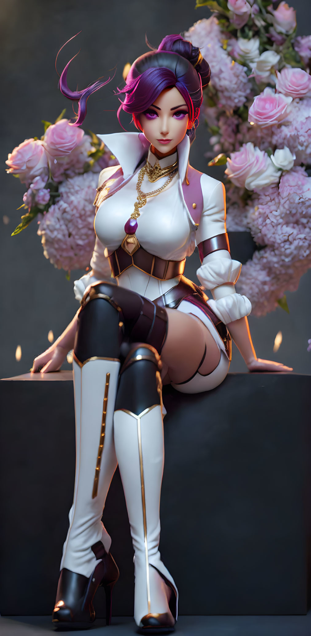 Purple-haired animated character in white and gold outfit surrounded by pink flowers and candles