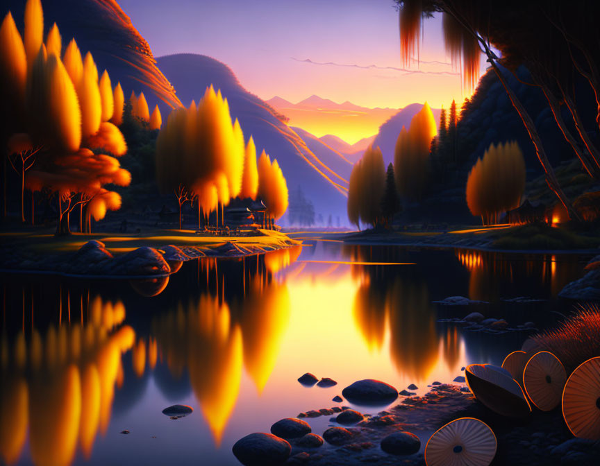 Tranquil sunset landscape with autumn trees, boats, and mountains