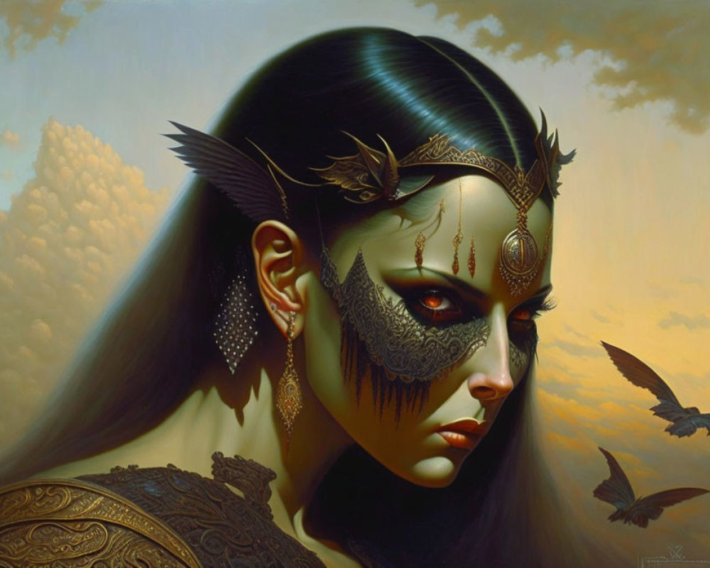 Fantasy-inspired artwork: Woman with black hair, ornate headpiece, detailed makeup, flying birds