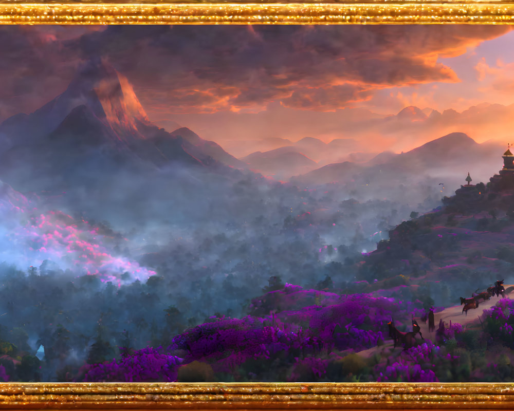 Fantastical Landscape with Purple Flora, Misty Mountains, Temple, and Luminous Sunset