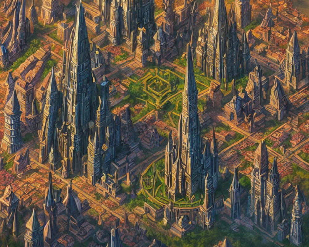 Fantasy city with gothic spires and landscaped courtyards at sunset