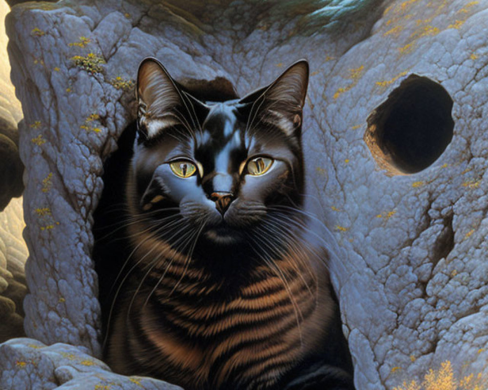 Realistic Painting of Striped Cat in Rocky Cave Entrance