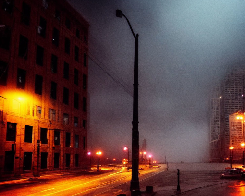 Foggy cityscape at night with glowing streetlights