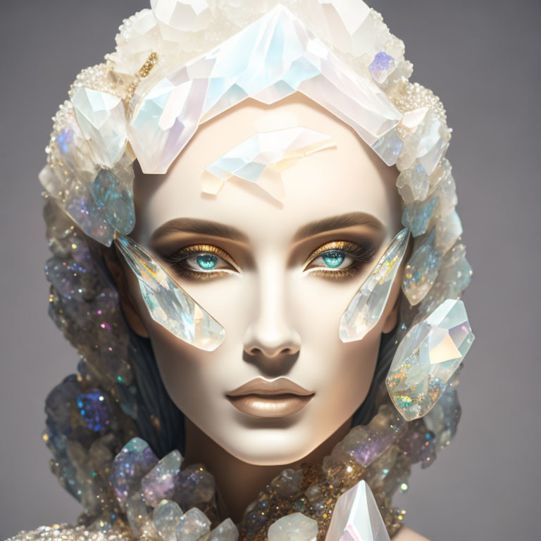 Digital portrait of a woman with iridescent crystal headpiece and collar, captivating blue eyes