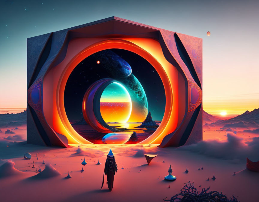 Surreal landscape with geometric portals, cloaked figure, alien flora in cosmic scene