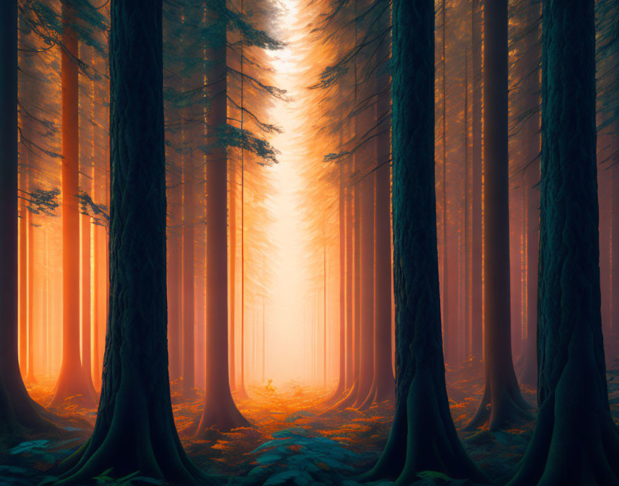 Enchanting misty forest with tall trees and warm glowing light