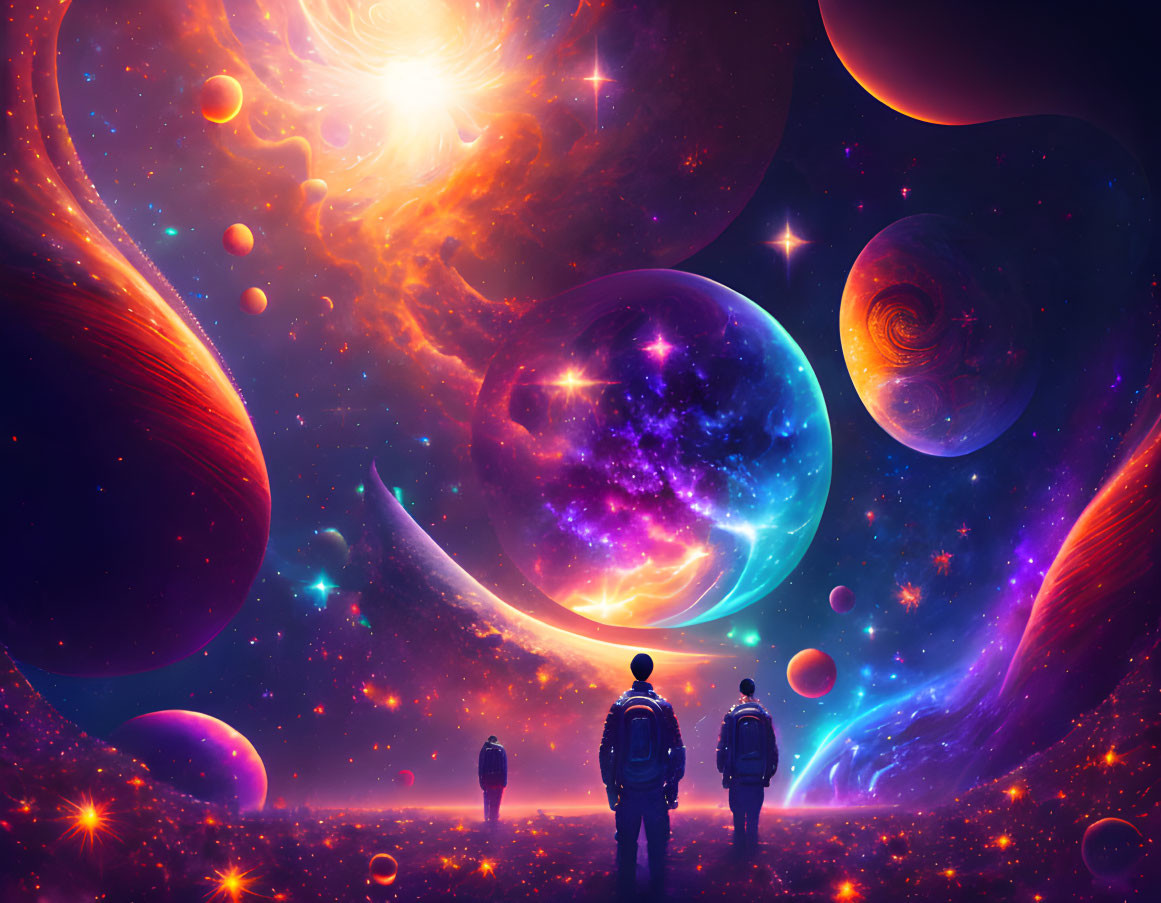 Silhouetted Figures Against Vibrant Cosmic Scene