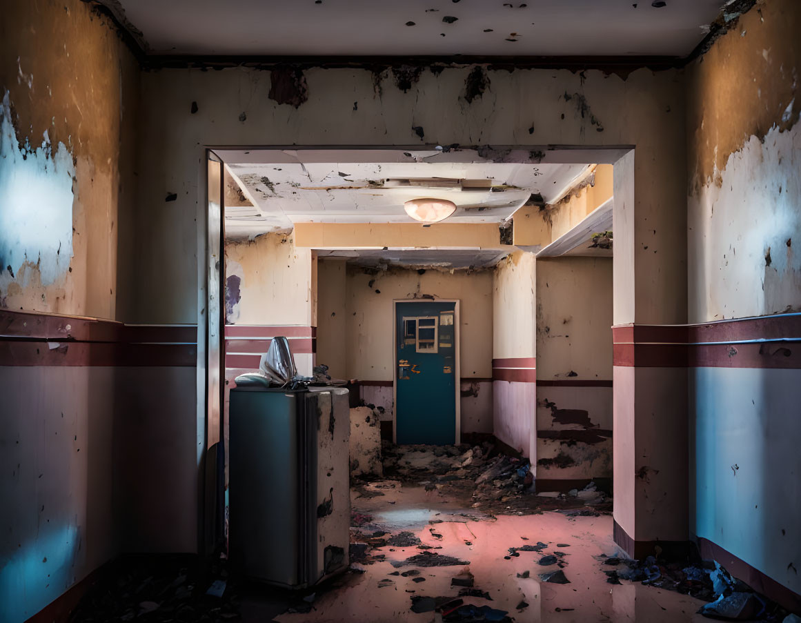 Desolate room with peeling walls, debris, CRT monitor, chair, and lamp