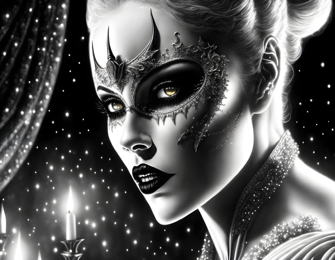 Monochrome image of woman with masquerade mask and starry backdrop